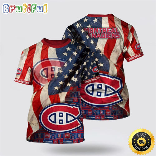 NHL Montreal Canadiens All Over Print T Shirt With American Flag Pattern Summer T Shirt