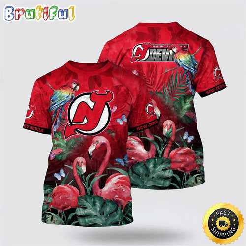 NHL New Jersey Devils All Over Print T Shirt Tropical Parrot And Flamingo Motifs Summer T Shirt