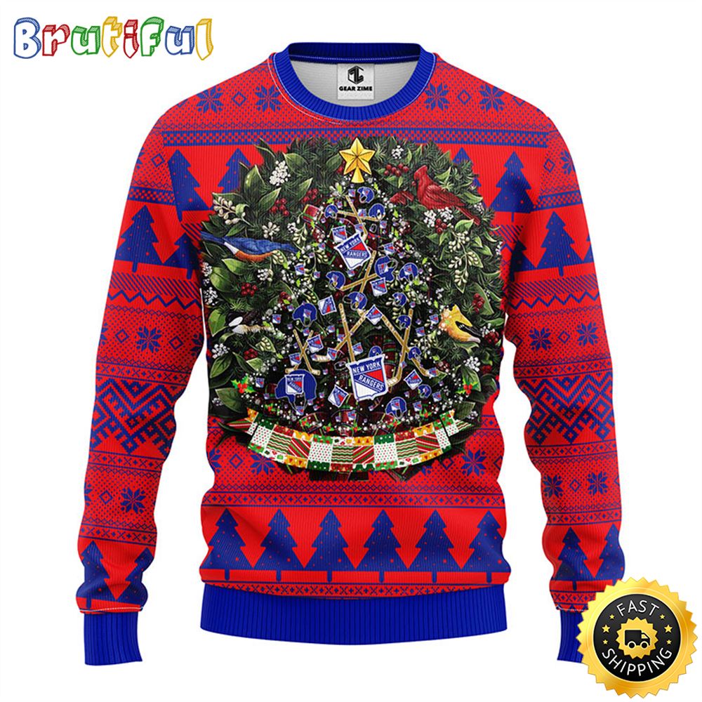 NHL New York Rangers Ugly Christmas Sweater Ball Pine Tree Christmas Unisex Sweater
