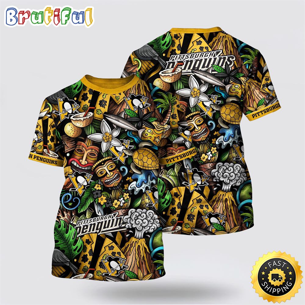 NHL Pittsburgh Penguins All Over Print T Shirt Tropical Tiki Pattern Summer T Shirt