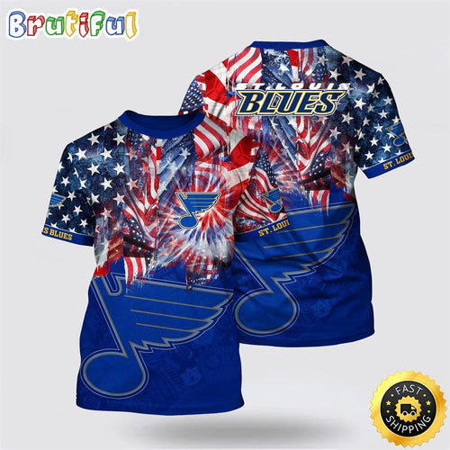 NHL St. Louis Blues All Over Print T Shirt With American Independence Day Pattern Summer T Shirt