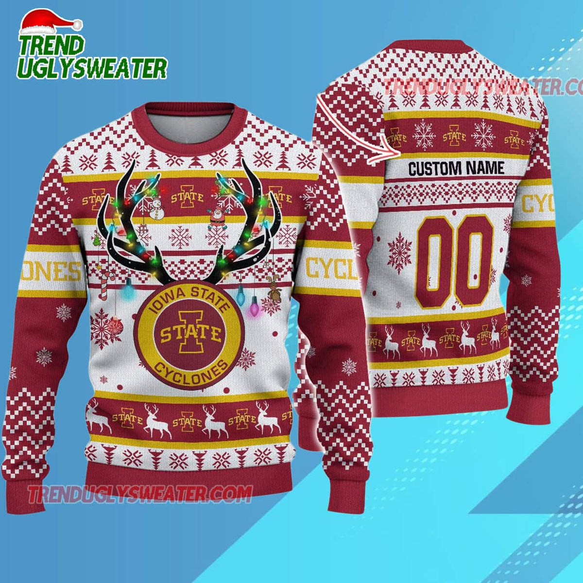 Personalized Ncaa Iowa State Cyclones Special Reindeer Light Ugly Christmas Sweater