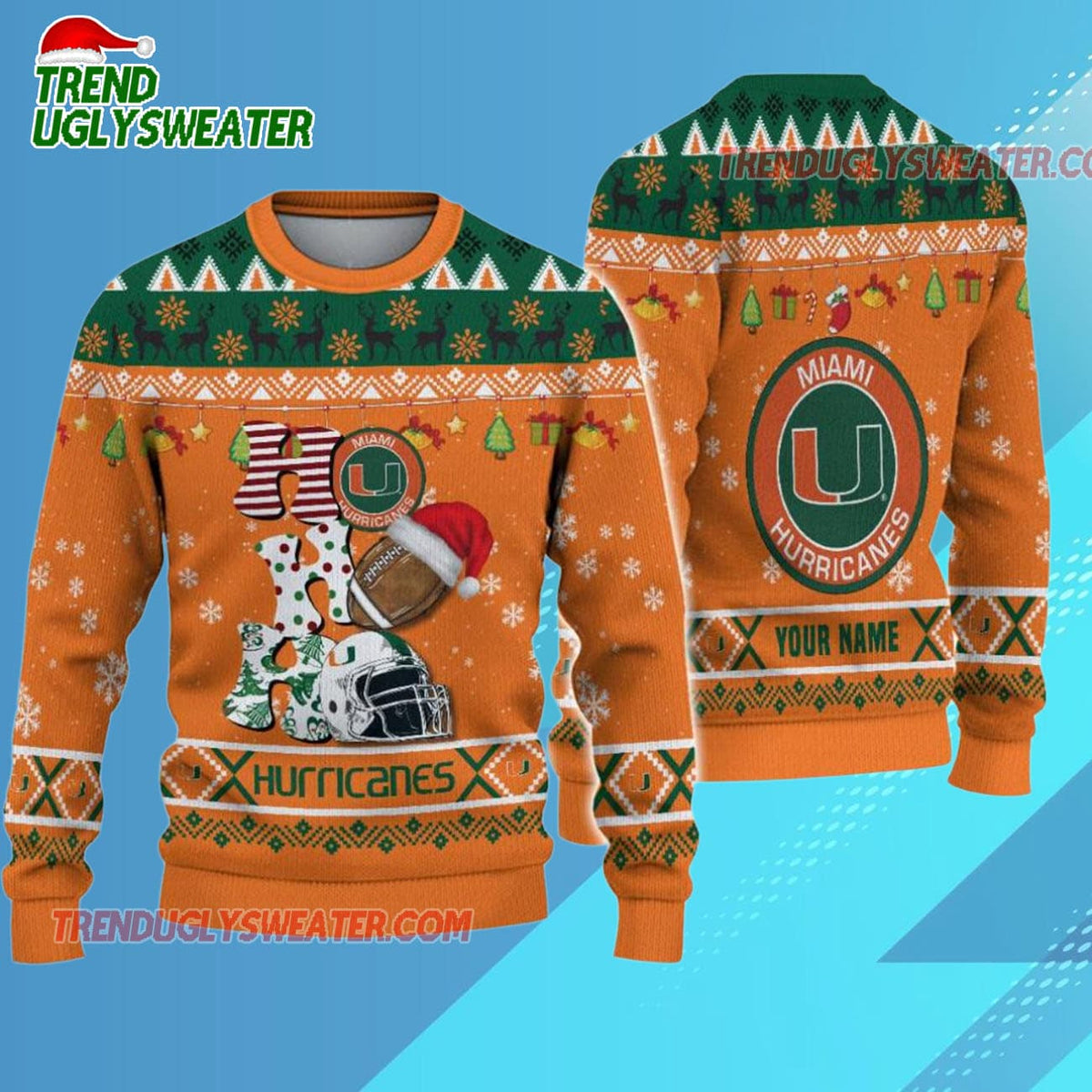Ncaa Miami Hurricanes Football Ho Ho Ho Ugly Christmas Sweater