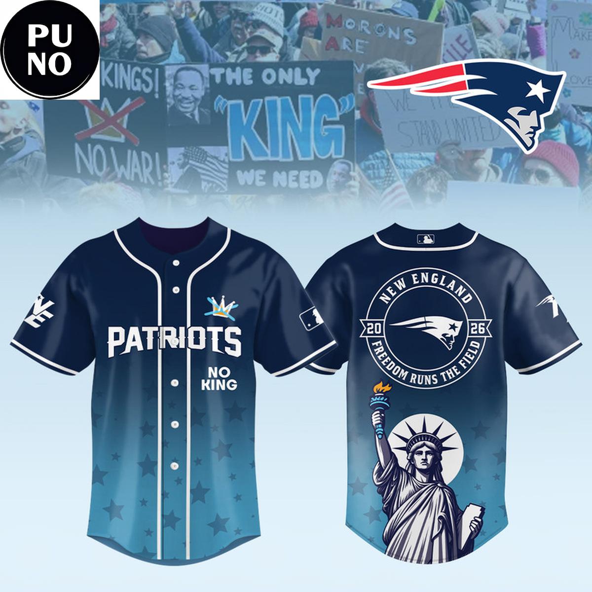 New England Patriots 2026 No Kings Freedom Runs The Field Baseball Jersey