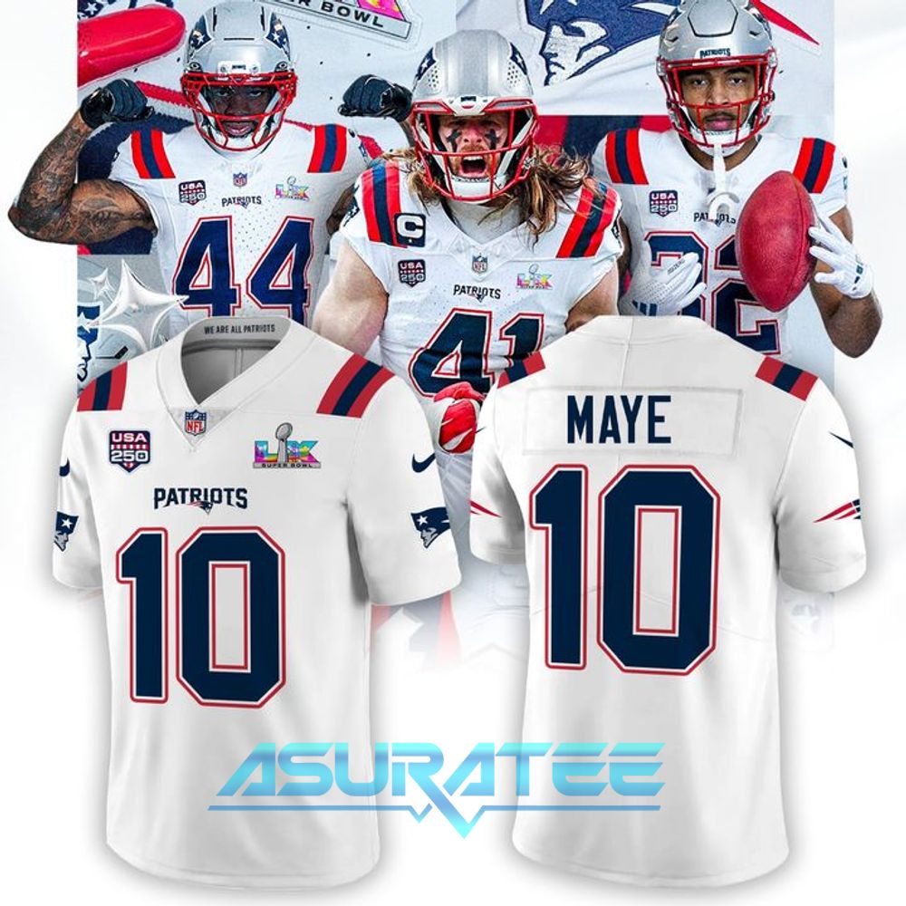 New England Patriots Drake Maye Nike White Super Bowl LX Patch Tundra Fashion Game Jersey