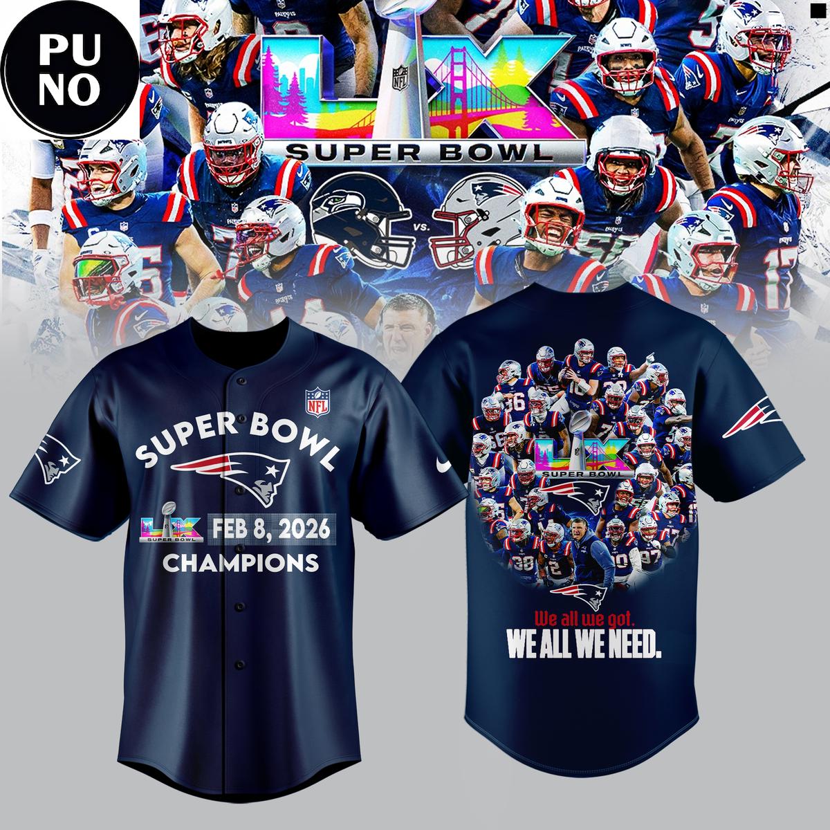 New England Patriots Super Bowl LX Champions 2026 Baseball Jersey