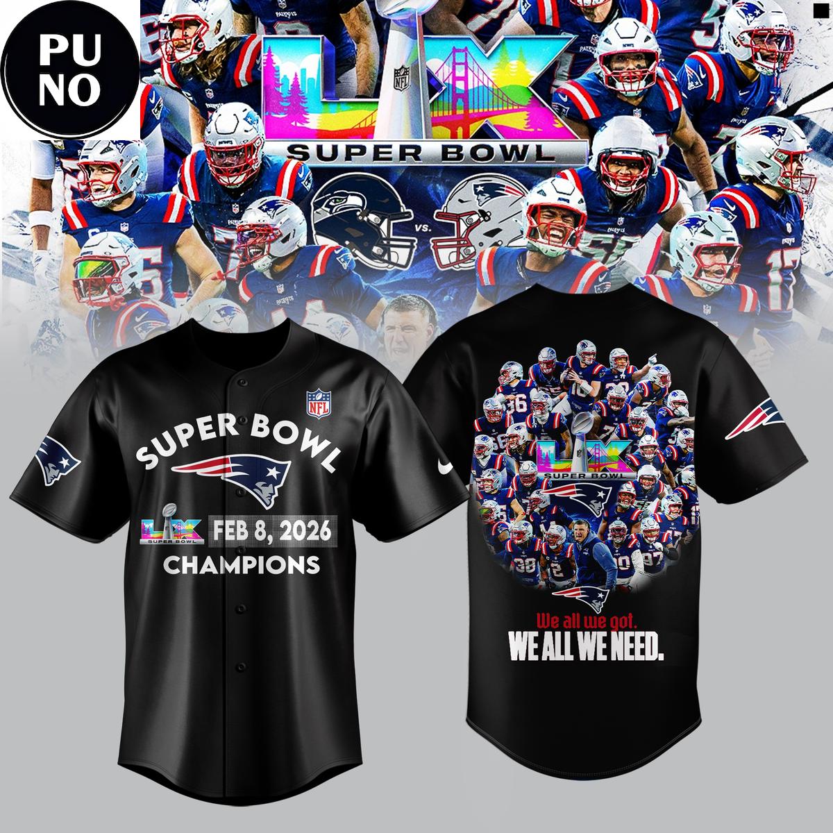 New England Patriots Super Bowl LX Champions 2026 Baseball Jersey
