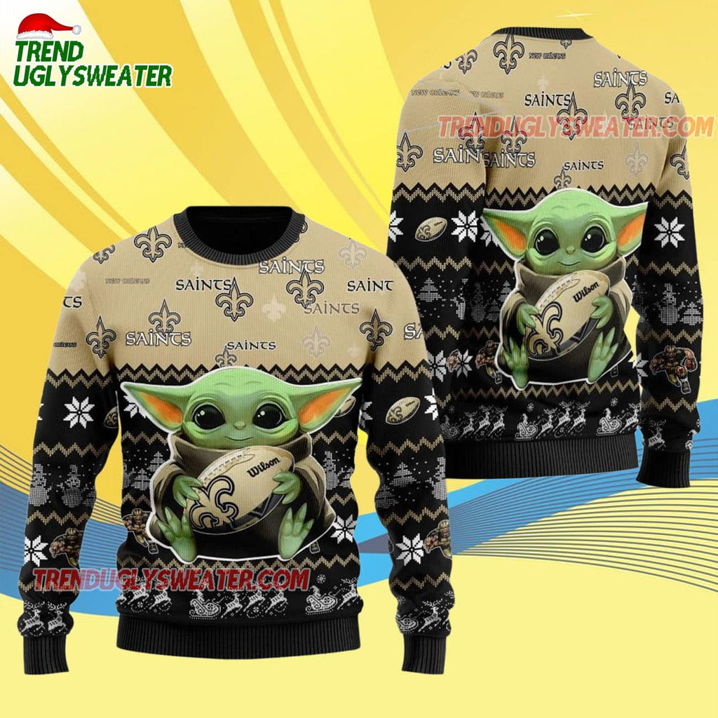 New Orleans Saints Baby Yoda Hug The Ball Christmas Ugly Sweater