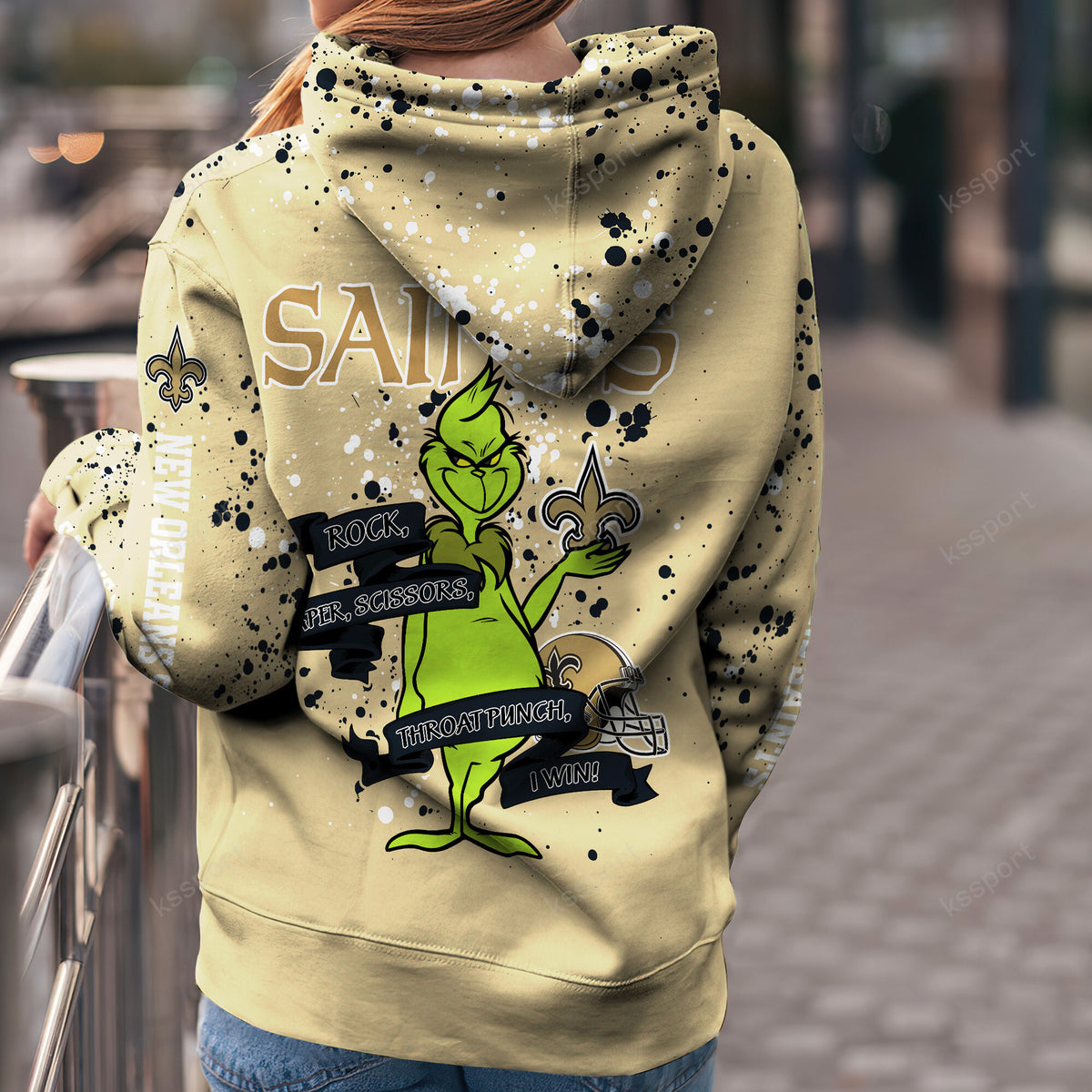 Custom NFL New Orleans Saints Hoodie Leggings The Grinch Hoodie Rock Paper Scissors Throat Punch I Win