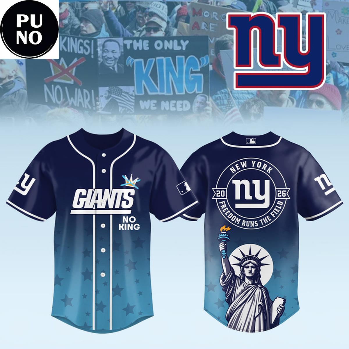 New York Giants 2026 No Kings Freedom Runs The Field Baseball Jersey