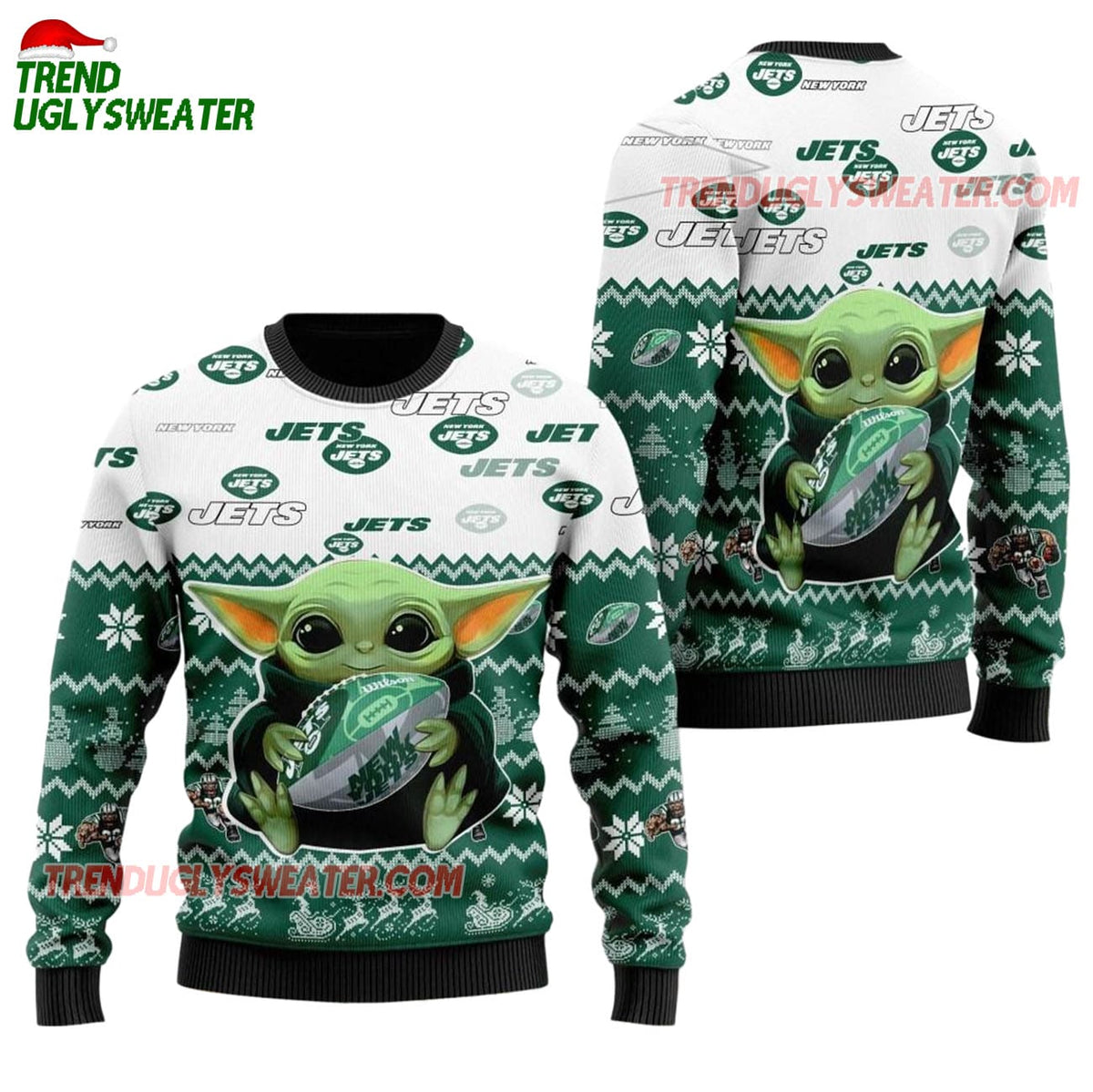 New York Jets Baby Yoda Hug The Ball Christmas Ugly Sweater