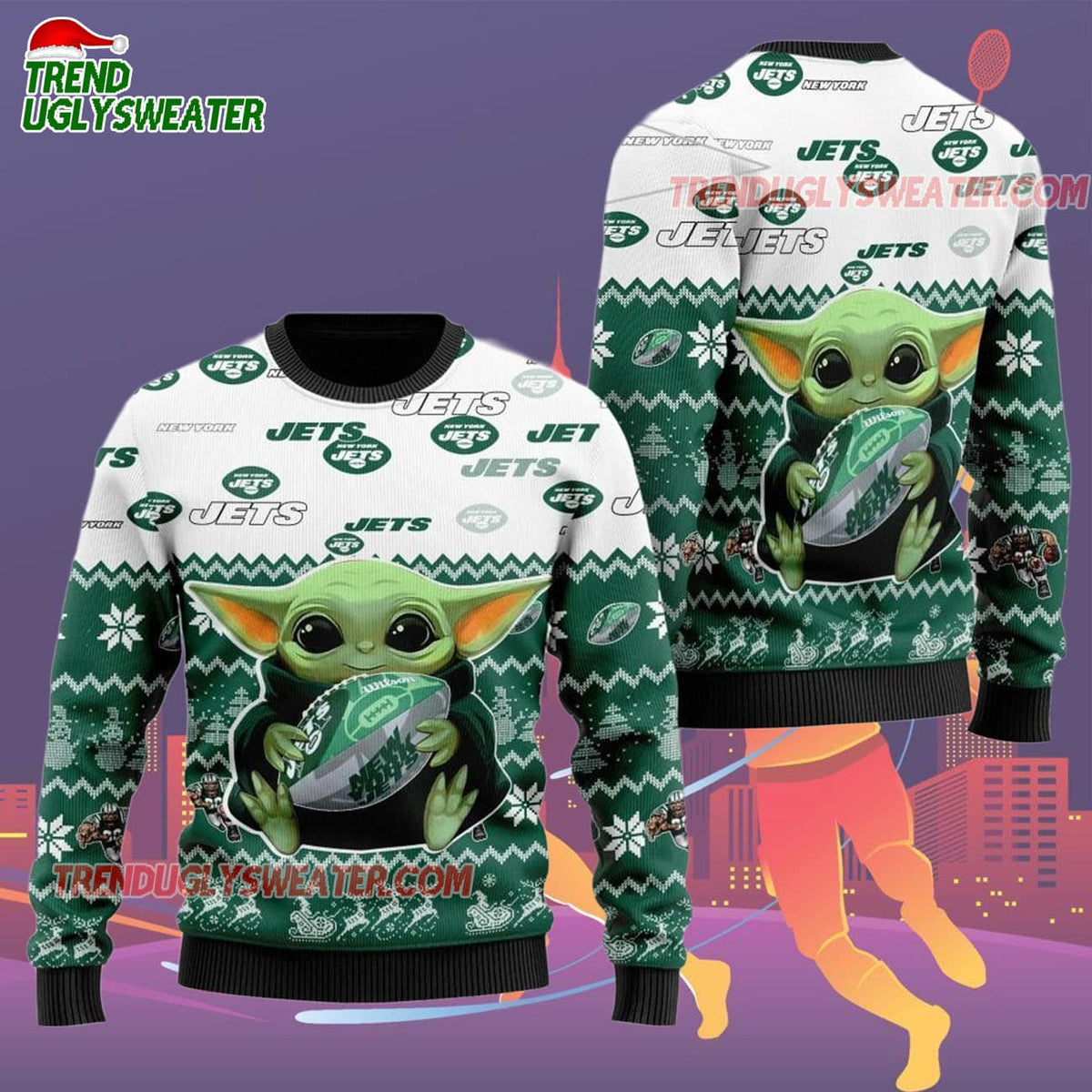 New York Jets Baby Yoda Hug The Ball Christmas Ugly Sweater