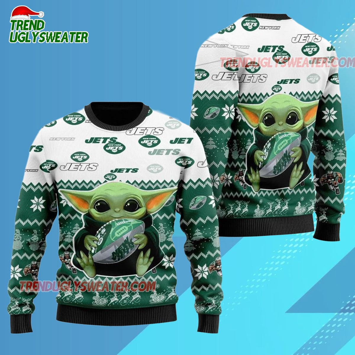 New York Jets Baby Yoda Hug The Ball Christmas Ugly Sweater