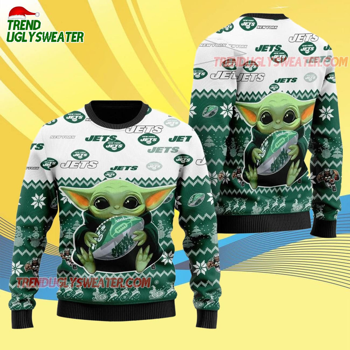 New York Jets Baby Yoda Hug The Ball Christmas Ugly Sweater