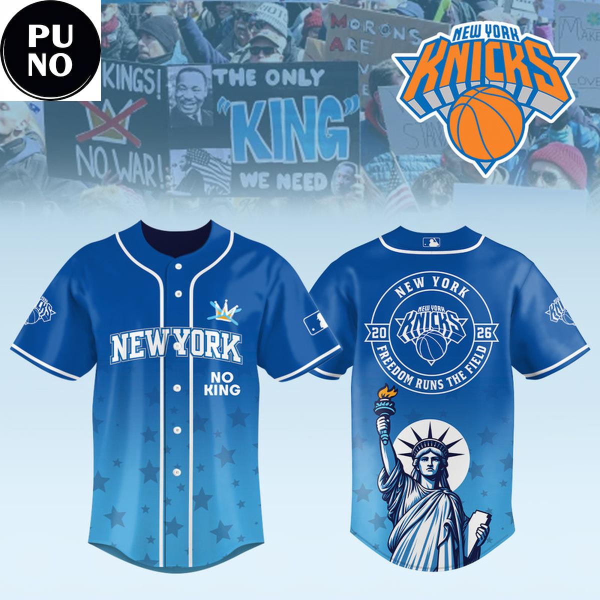 New York Knicks 2026 No Kings Freedom Runs The Field Baseball Jersey