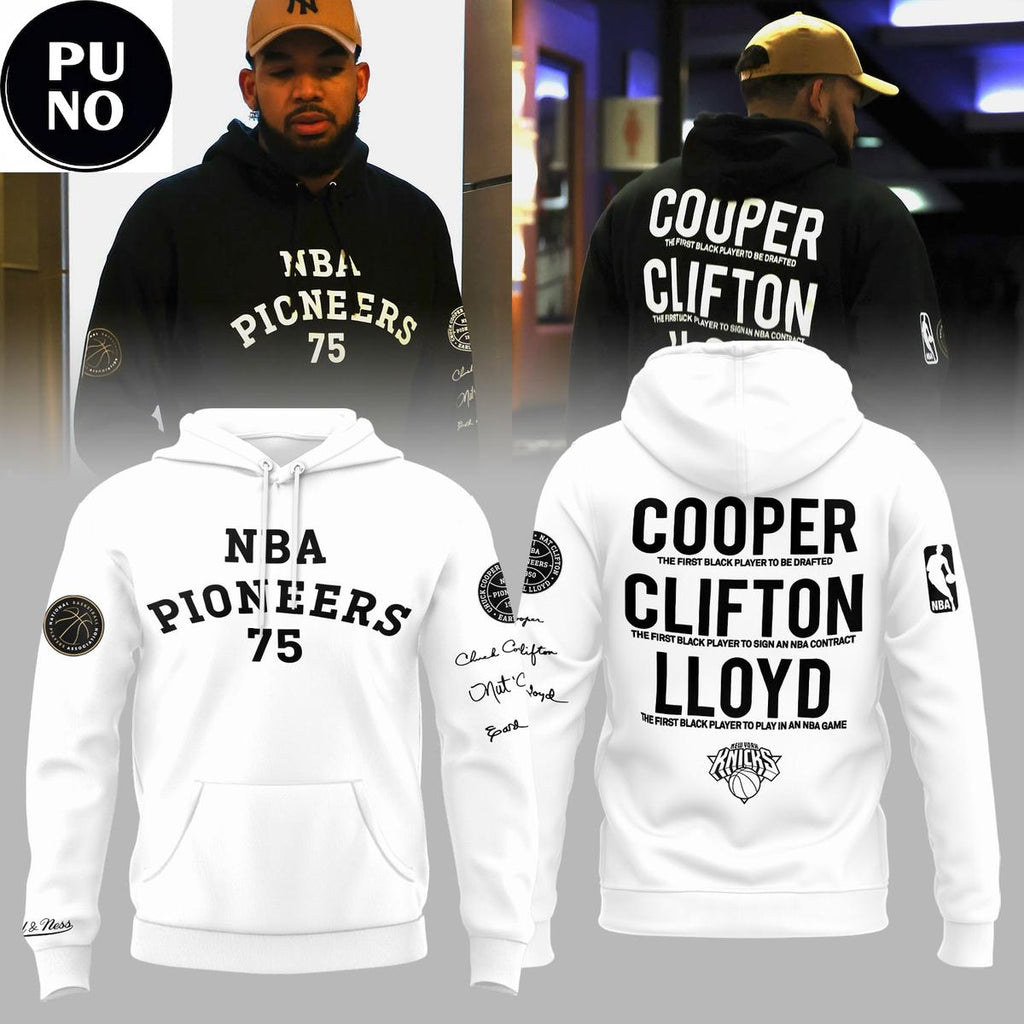 New York Knicks 75th Anniversary NBA Pioneers 2026 Cooper Clifton Lloyd Hoodie T-Shirt