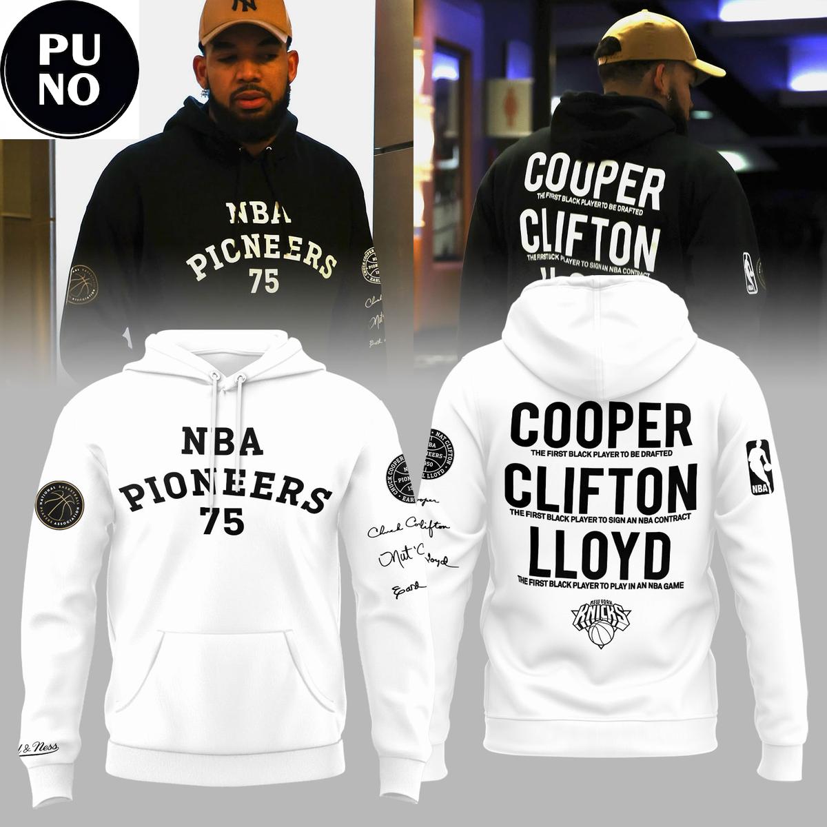 New York Knicks 75th Anniversary NBA Pioneers 2026 Cooper Clifton Lloyd Hoodie T-Shirt