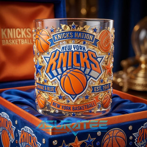 New York Knicks Orange Blue Commemorative Whiskey Glass
