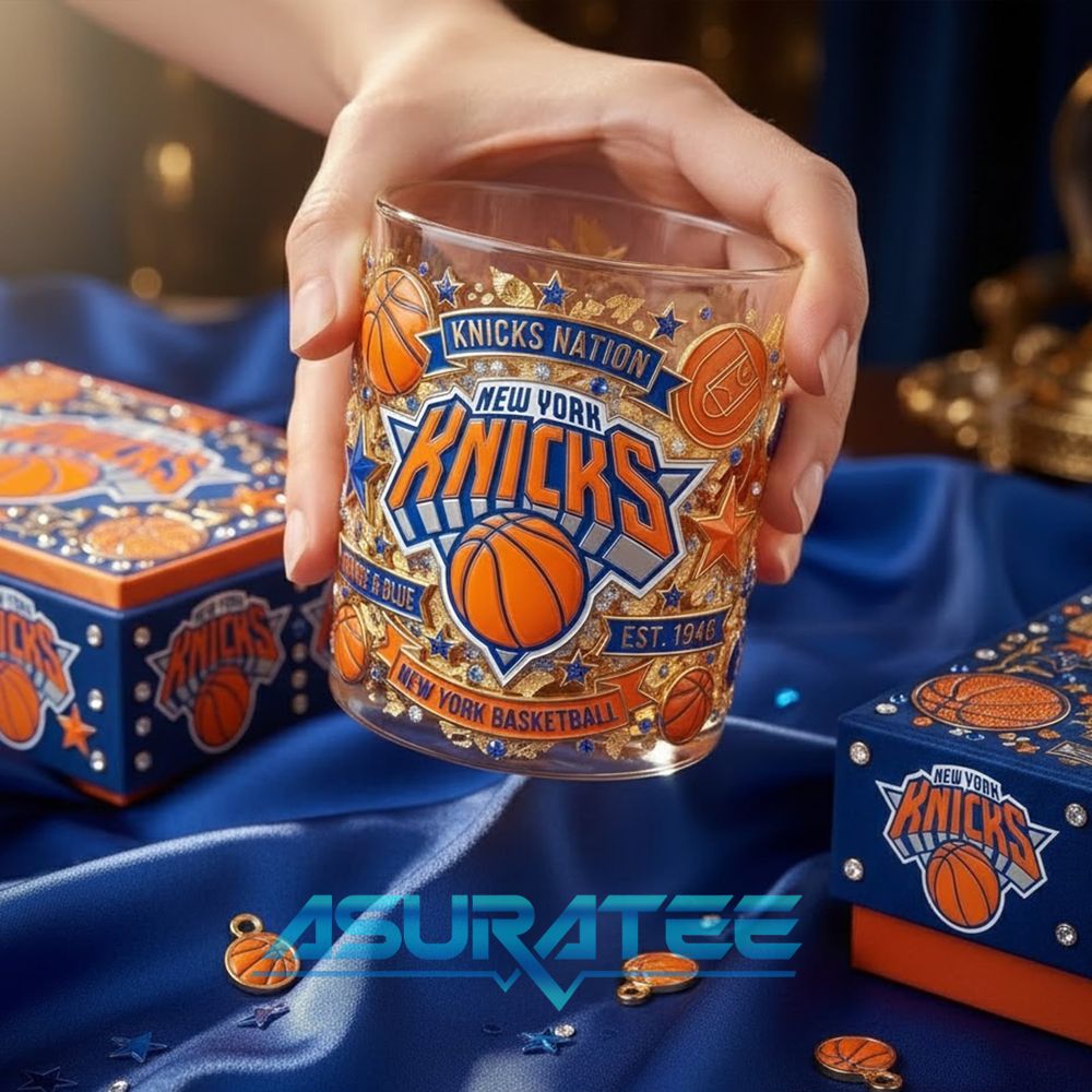 New York Knicks Orange Blue Commemorative Whiskey Glass