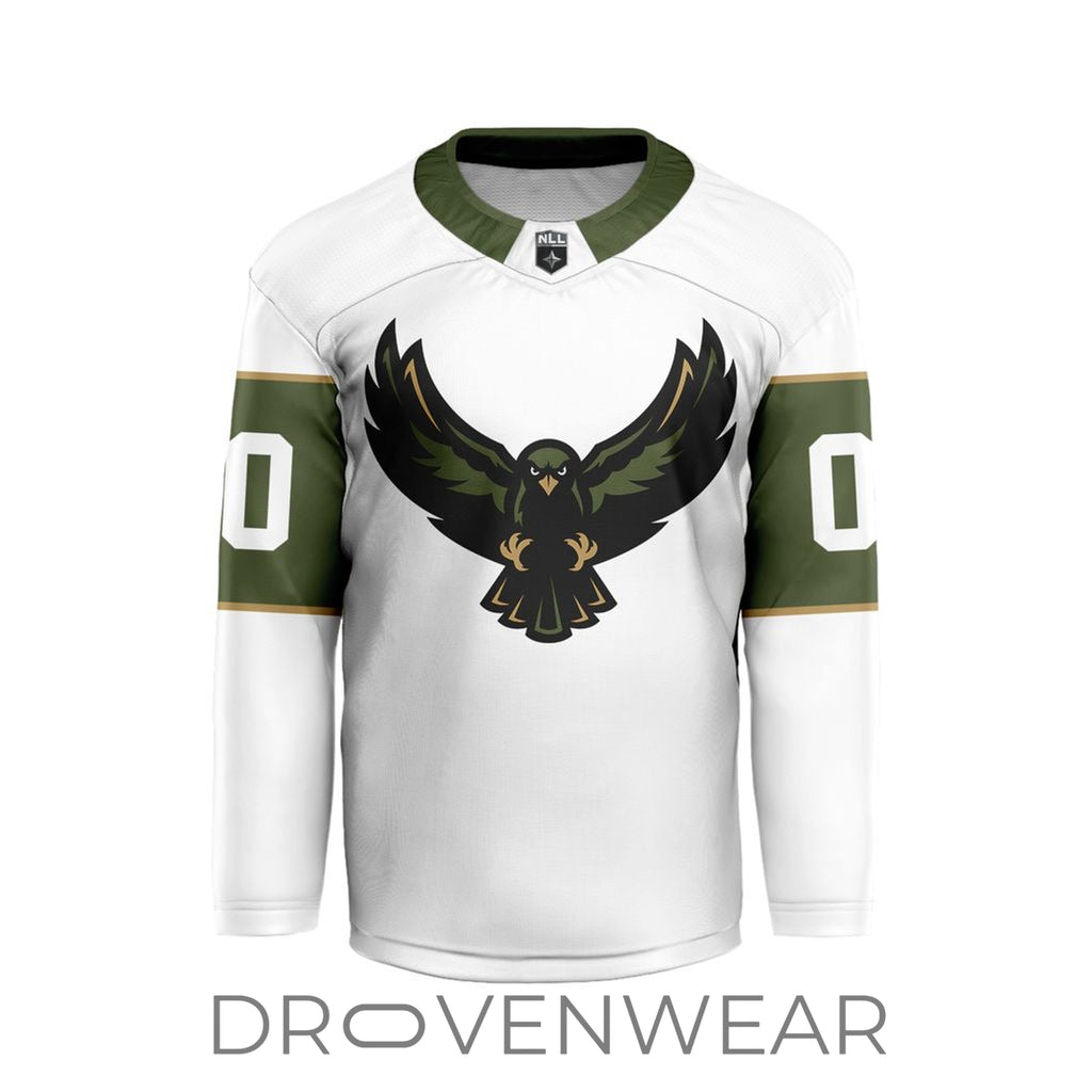Nll Rochester Knighthawks Personalized White V-shaped Hockey Jersey Design