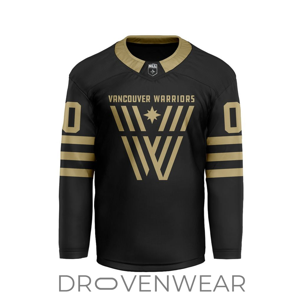 Nll Vancouver Warriors Personalized Black V-shaped Hockey Jersey Design