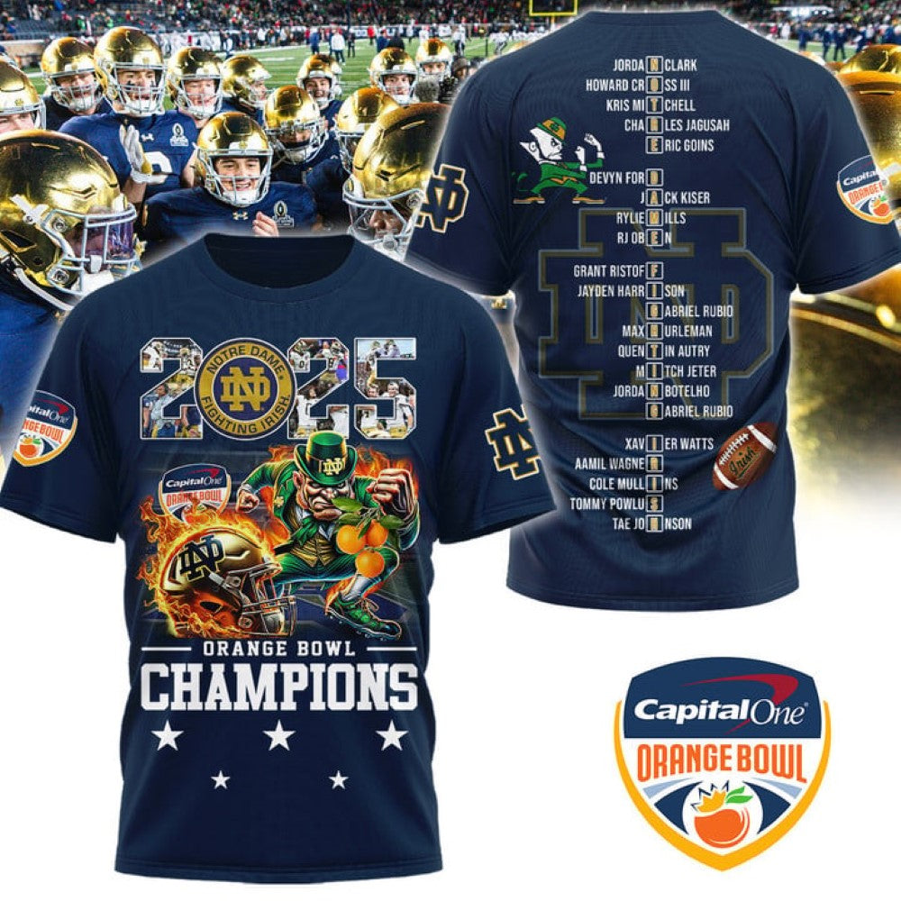 Notre Dame Fighting Irish 2025 Orange Bowl Champions Mascot 3D T Shirt