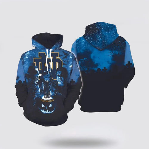 Notre Dame Fighting Irish Halloween and Michael Myers, Jason Voorhees, Freddy Krueger 3D Hoodie Notre Dame Fans Gift