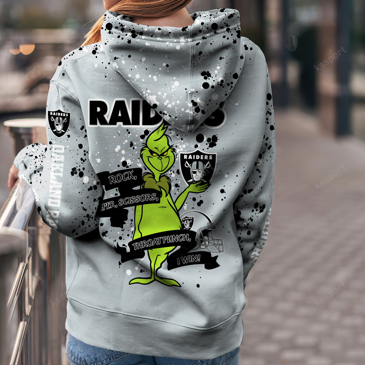 Custom NFL Las Vegas Raiders Hoodie Leggings The Grinch Hoodie Rock Paper Scissors Throat Punch I Win