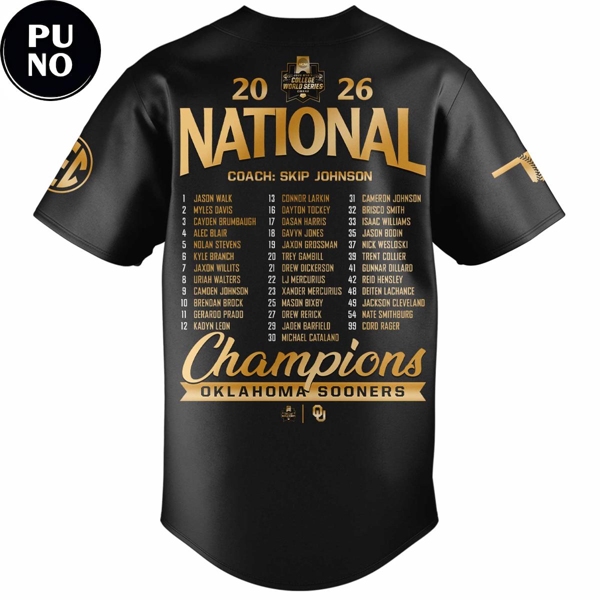 Oklahoma Sooners 2026 NCAA National Champions Roster Baseball Jersey