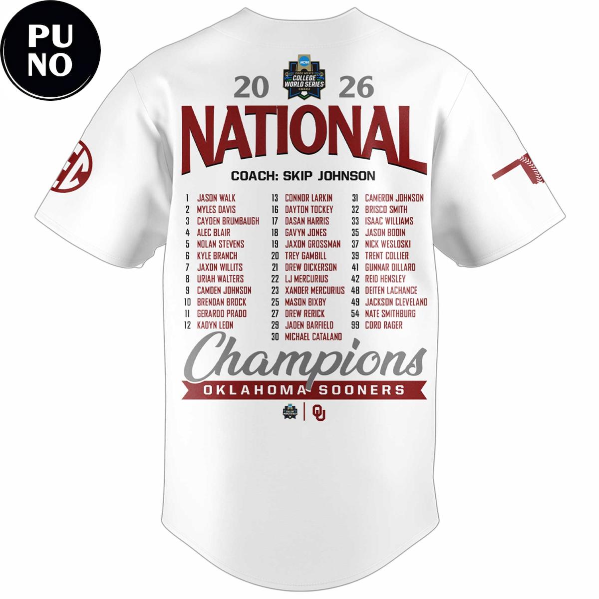Oklahoma Sooners 2026 NCAA National Champions Roster Baseball Jersey