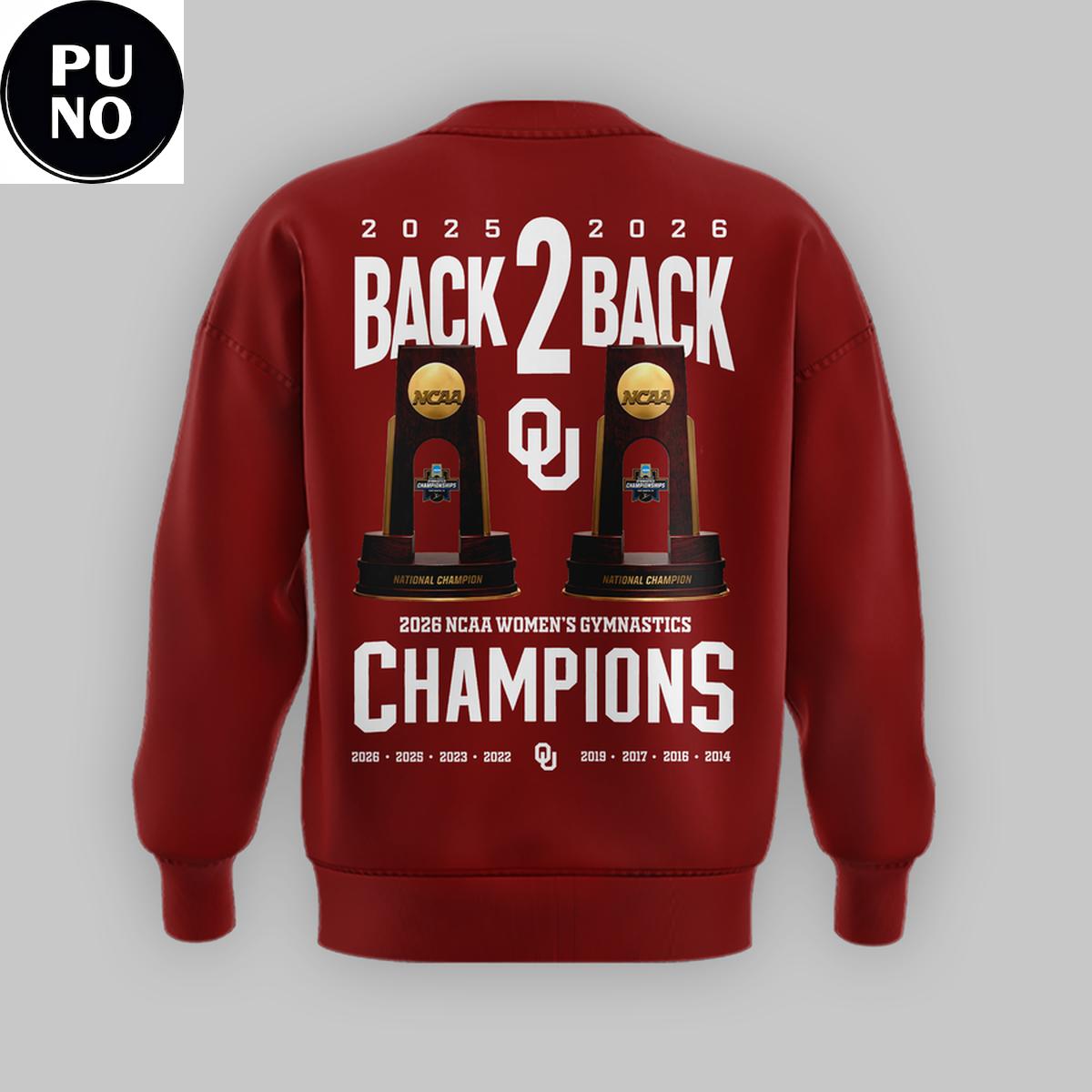 Oklahoma Sooners 2026 Women’s Gymnastics National Champions Back2Back Hoodie Shirt