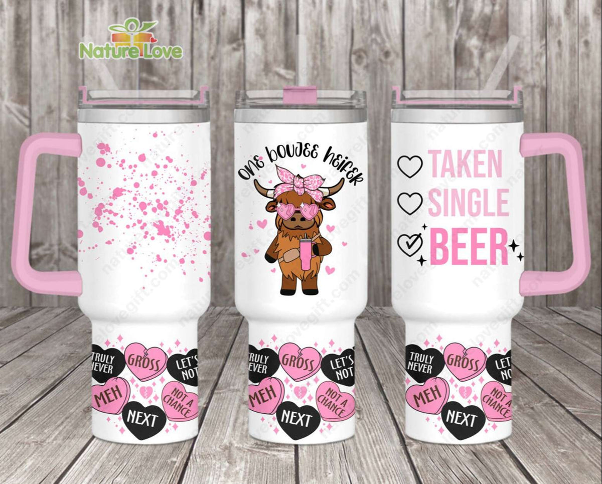 One Boujee Heifer 40oz Tumbler with Handle Highland Cow Funny Valentine Gift