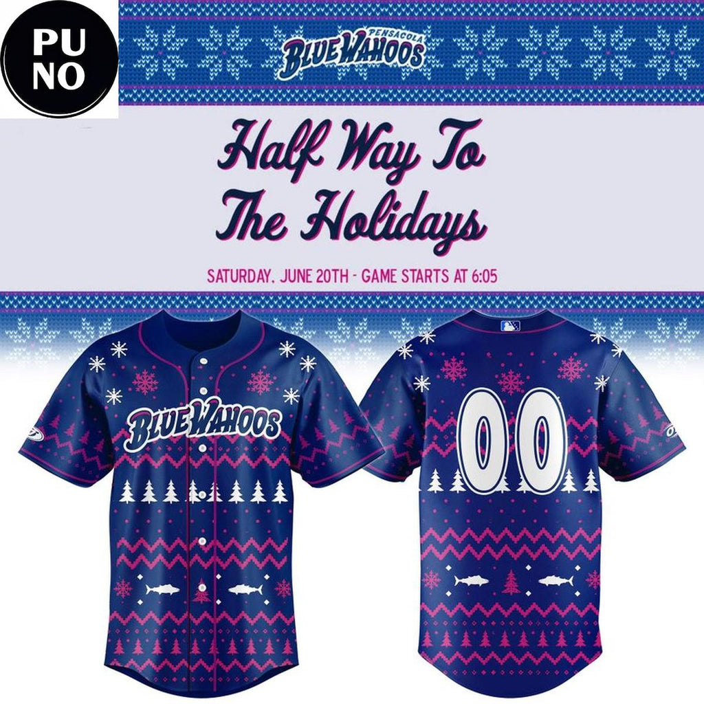 Pensacola Blue Wahoos x Halfway to the Holidays 2026 Personalized Baseball Jersey