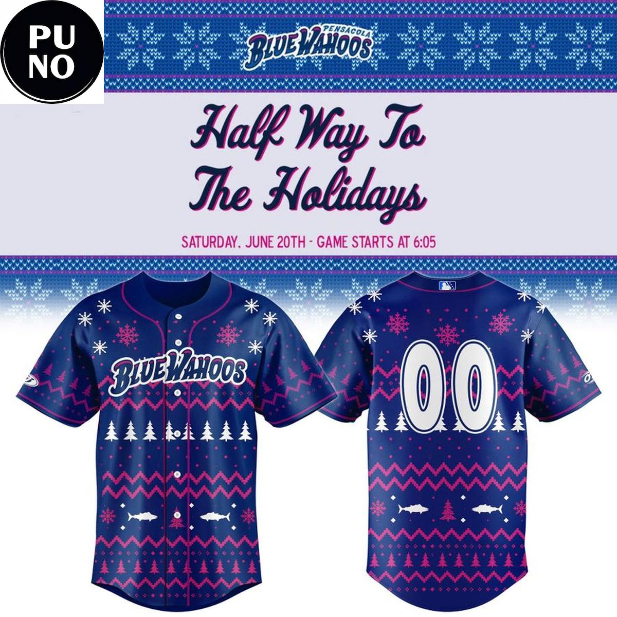 Pensacola Blue Wahoos x Halfway to the Holidays 2026 Personalized Baseball Jersey