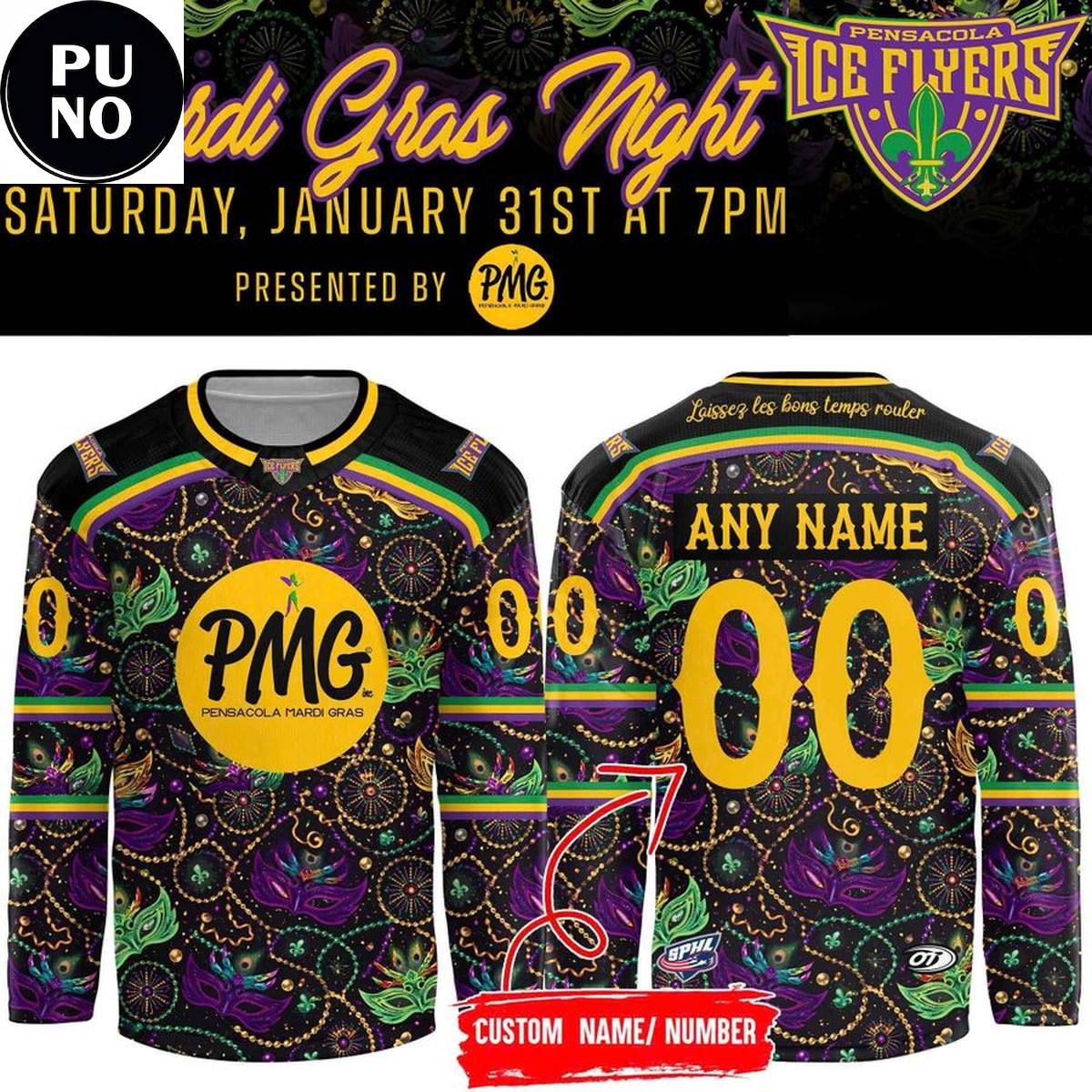 Pensacola Ice Flyers x Mardi Gras Night 2026 Personalized Hockey Jersey