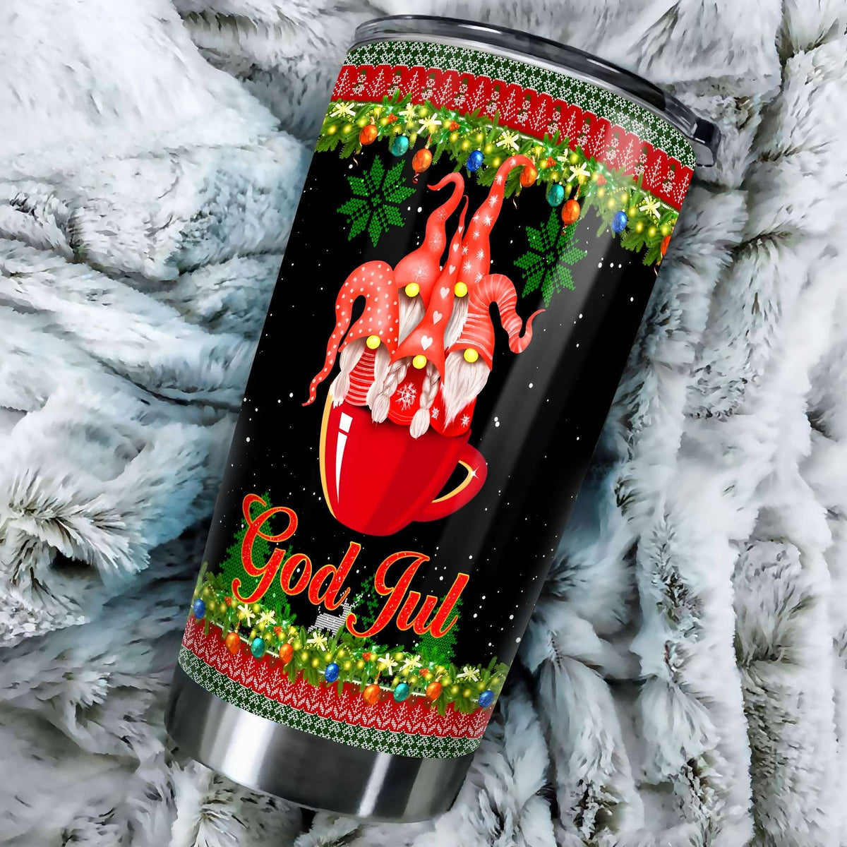 Personalized Christmas Trees God Jul Gnomes Stainless Steel Tumbler