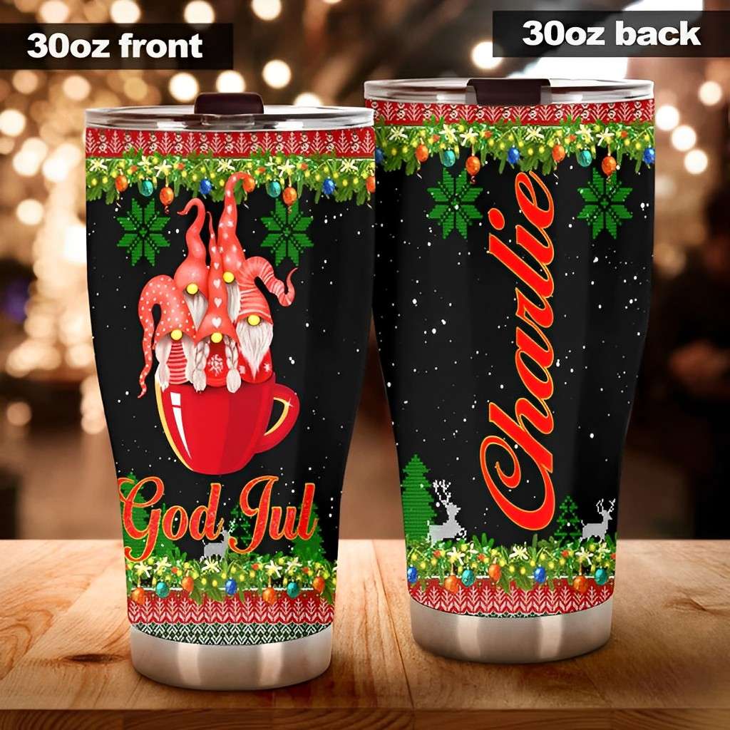 Personalized Christmas Trees God Jul Gnomes Stainless Steel Tumbler
