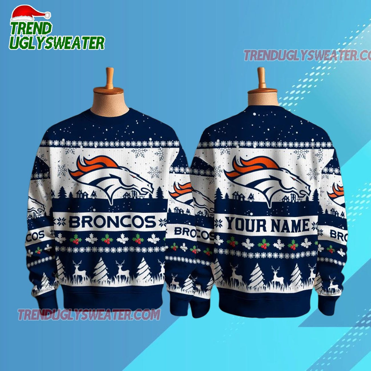 Personalized Personalized Denver Broncos NFL Snow Ugly Christmas Sweater