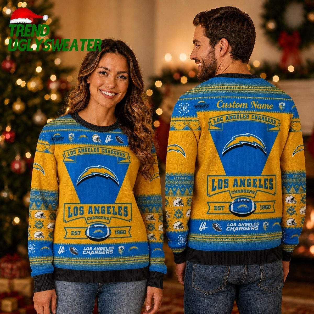 Personalized Los Angeles Chargers Established 1960 Custom Name Ugly Christmas Sweater