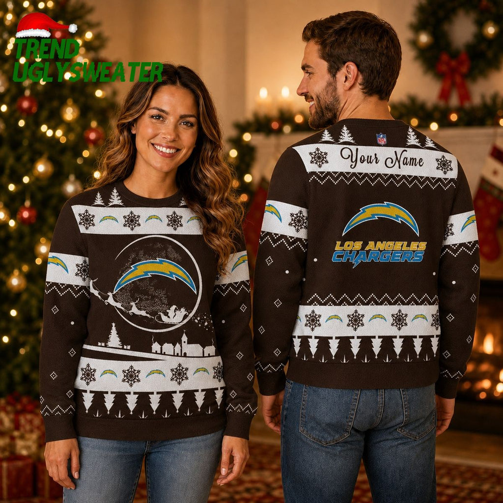 Personalized Los Angeles Chargers Santa Sleigh Dark Brown Ugly Christmas Sweater