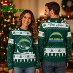 Personalized Los Angeles Chargers Santa Sleigh Dark Green Ugly Christmas Sweater