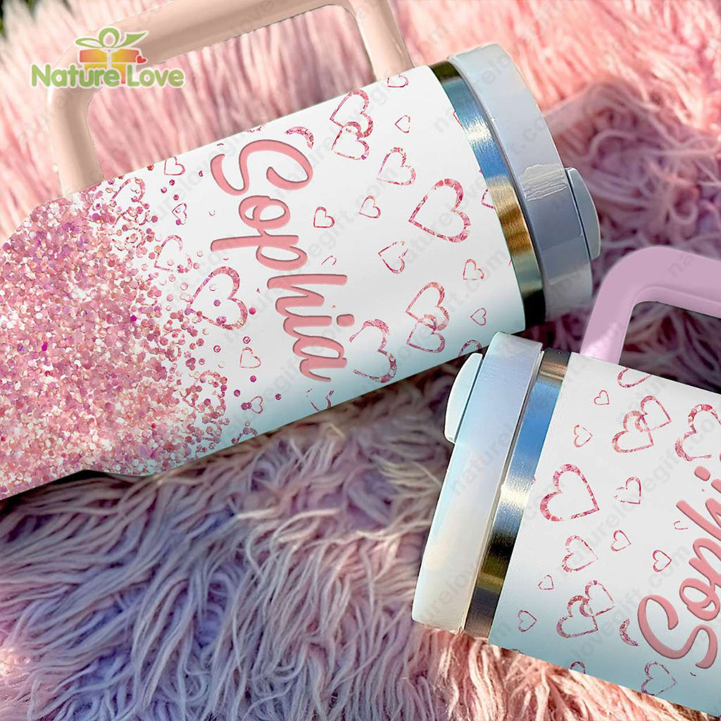 Personalized Name Glitter Pink Stanley Tumbler 40oz Quencher Valentines Gift