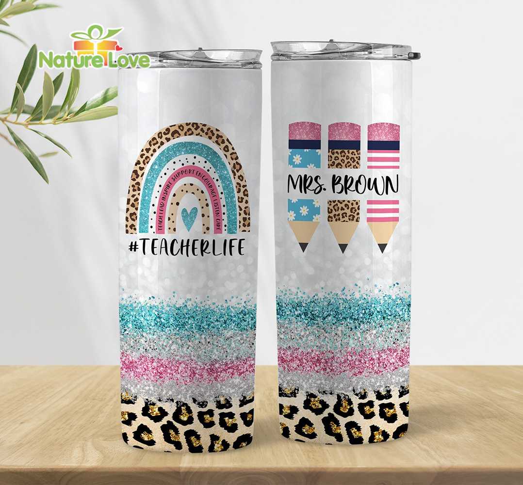 Custom Name Teacher Life Cheetah Rainbow 20 oz Skinny Tumbler Back to School Gift