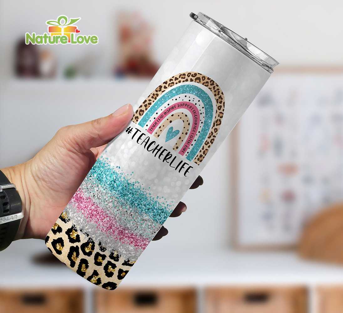 Custom Name Teacher Life Cheetah Rainbow 20 oz Skinny Tumbler Back to School Gift
