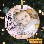 Custom Photo Baby’s First Christmas Animal - Personalized Circle Wood Ornament - Babies 1st Christmas Gifts