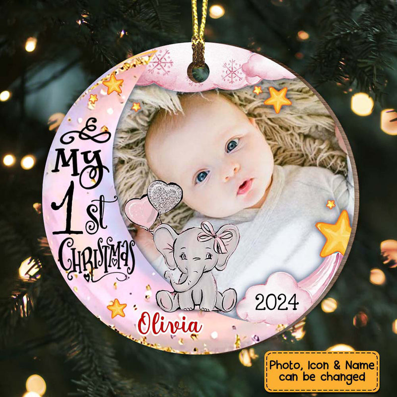 Custom Photo Baby’s First Christmas Animal - Personalized Circle Wood Ornament - Babies 1st Christmas Gifts