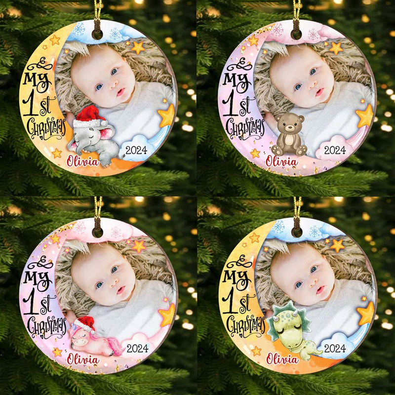 Custom Photo Baby’s First Christmas Animal - Personalized Circle Wood Ornament - Babies 1st Christmas Gifts