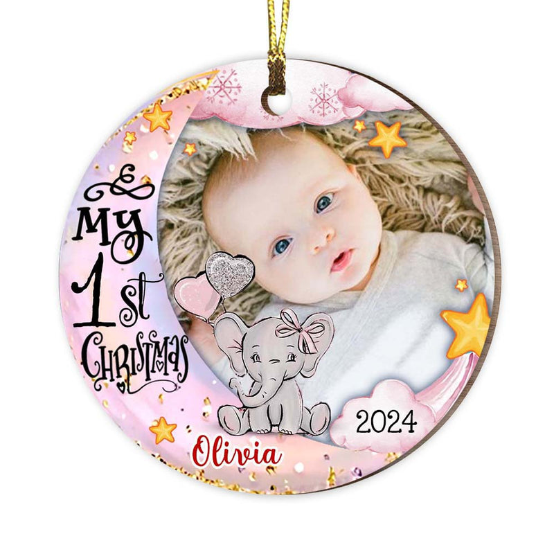 Custom Photo Baby’s First Christmas Animal - Personalized Circle Wood Ornament - Babies 1st Christmas Gifts