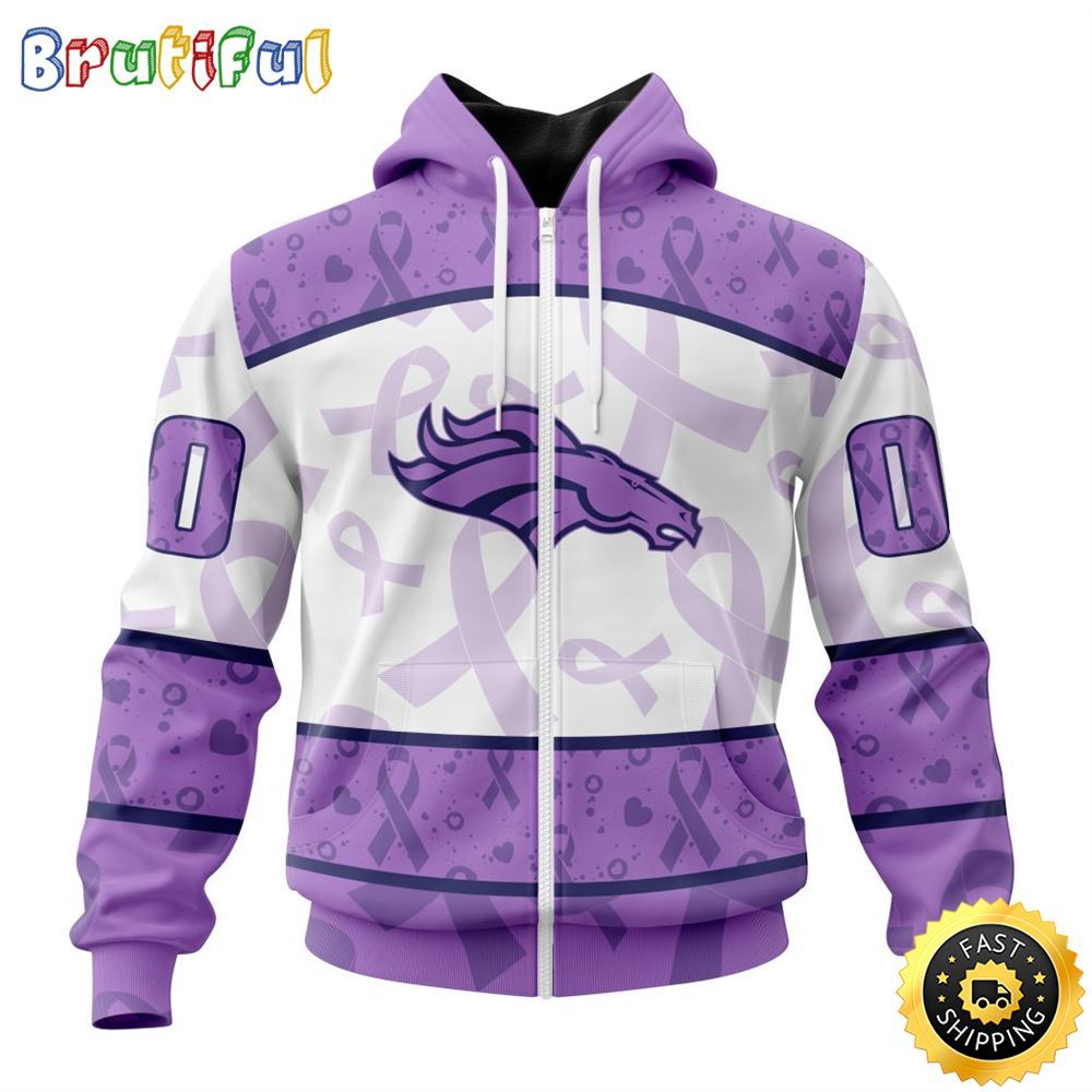 Personalized NFL Denver Broncos All Over Print Zip Hoodie 3D Special Lavender Fights Cancer Unisex Tshirt