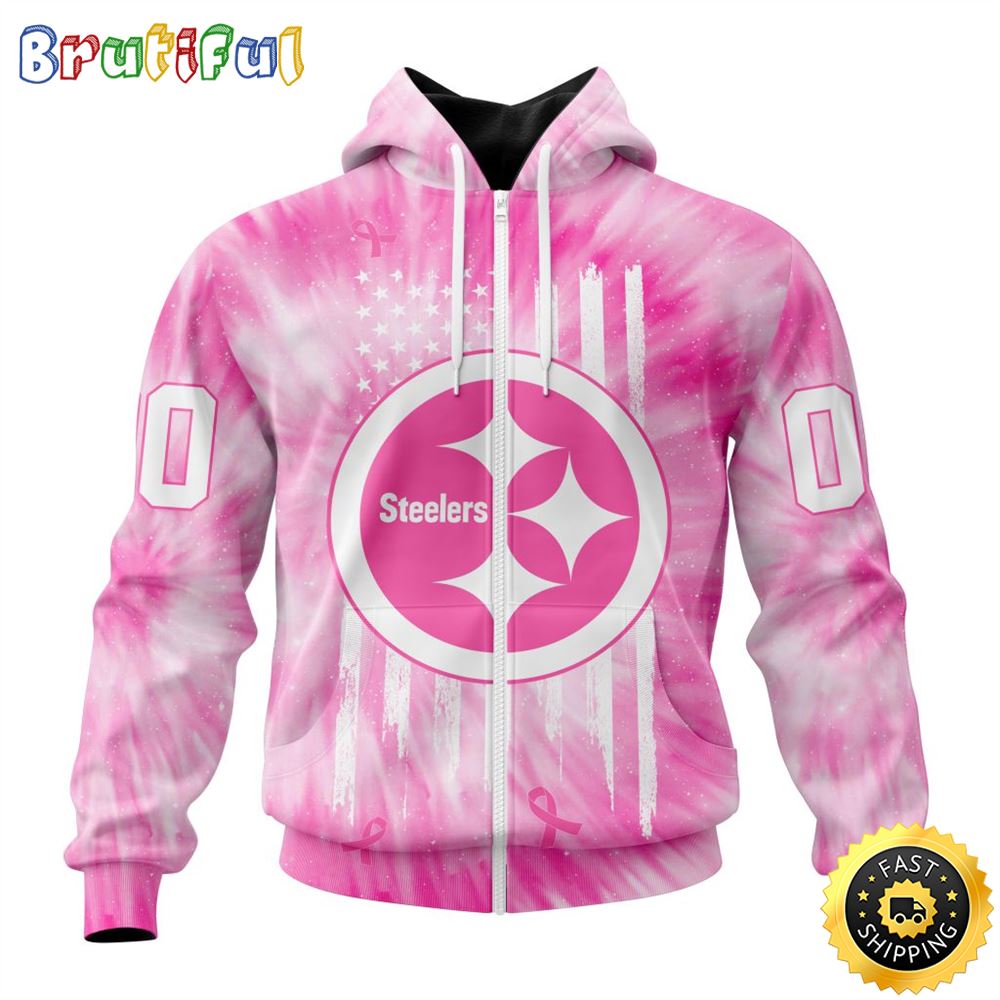 Personalized NFL Pittsburgh Steelers All Over Print Zip Hoodie 3D Special Pink Tie-Dye Unisex Hoodie